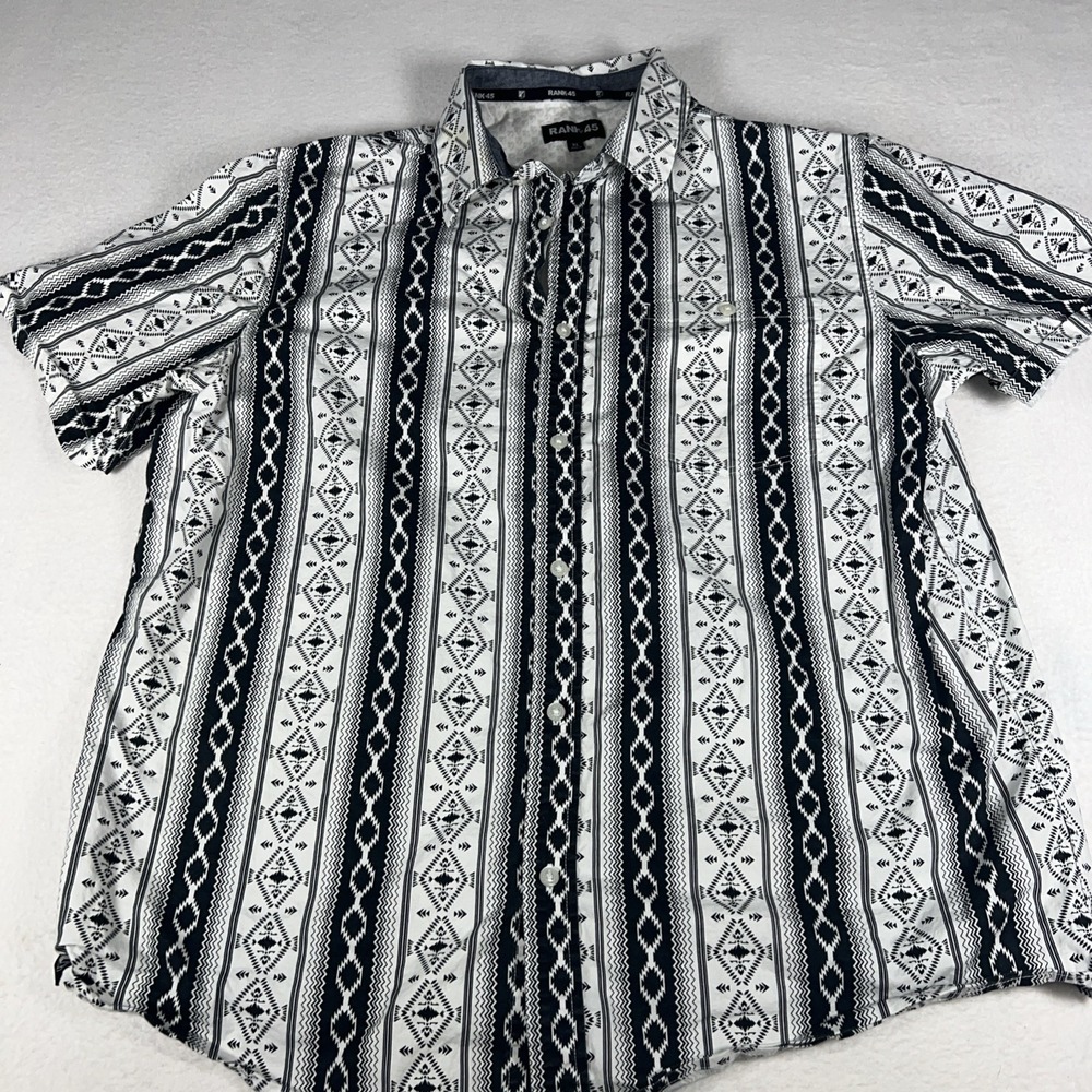 Rank 45 Men's XL Southwest Aztec Button Up Shirt Black White Short Sleeve